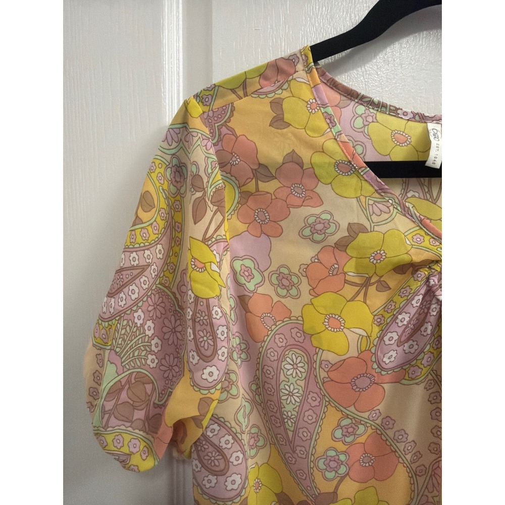 Cato Womens Retro Floral Paisley V-Neck O-Ring Keyhole Blouse Yellow S - Picture 4 of 4